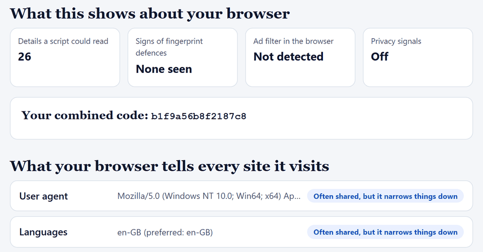 Example reading of the Browser check page: four summary tiles (details a script could read, signs of fingerprint defences, ad filter in the browser, privacy signals), a combined code, and the first two details with their labels.